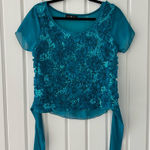Elegant Teal Floral Lace Blouse Blue Photo 0