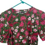 ZARA Womens Floral Puff Tie Short Sleeve Cotton Top Pink Green Small Photo 2