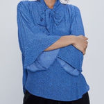 ZARA  Blue Polka Dot Tie Neck Flowy Oversized Blouse Small Chic Fairy 90s Photo 0