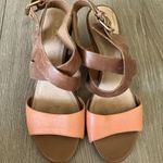 ALDO Woman’s Brown & Coral Strap Leather Wedge Gold Buckle Sandals Sz 8.5 Photo 0