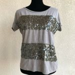 Loft Womens Top Size Small Light Gray Sequined Striped Short Sleeve NEW Photo 5