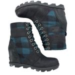Sorel Lexie Wedge Lace Up Ankle Boots Leather Black Blue Plaid Size 10 Photo 6