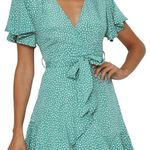 Amazon - Polka Dot Wrap V Neck Mini Ruffle Dress, Green/White, Size S, NWOT Photo 1