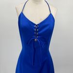 Vintage 90s Halter Neck Lace Up Bodice Mini Dress Satin Royal Blue NEW Womens 4 Photo 4