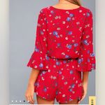 Lulus Bronwen Red Floral Tie Waist Flounce Sleeve Romper SMALL Photo 3