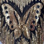 Vintage 70s Gold Black Silk Sequin Beaded Butterfly Boho Disco V Neck Drape Top Photo 7