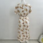 Boho Autumn Leaf Print Midi Dress Fall Outfit MEDIUM Beige Split Sides NWOT Tan Photo 1
