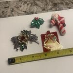 Lot Of 4 Christmas Holiday Brooch Pins Bell / Holly Leaves / Candy Cane / Flower Photo 2