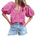 Pretty Garden pink cotton eyelet puff sleeve blouse large Photo 1