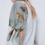 ZARA  Top Balloon Silky Tiger Sleeves White T-Shirt Green Safari Photo 0