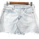 American Eagle Womens 4 Denim Mini Skirt Light Wash Distressed Hem Button Fly Photo 0