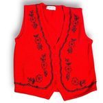 Vintage 90s Embroidered Sweater Vest Red Beaded Dark Floral Printed Knit Vneck Size M Photo 8