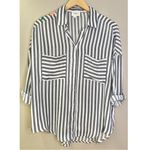 Everly Floral Embroidered Blue and White Striped Button Down Shirt Top Blouse Photo 5