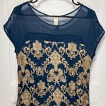 SUNDANCE Anderson Metallic Embroidered Cap Sleeve Shift Dress in Navy/Gold Blue Photo 3