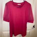 Hot pink blouse w/ lace polka dot sleeve detail Size L Photo 1
