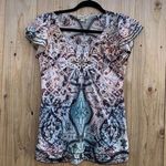 One World One‎ World Top Womens Petite Medium Boho Hippie Flowy Babydoll Short Sleeve fall Photo 0