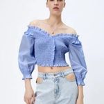 ZARA Smocked Off The Shoulder V Neck Crop Top Ruffle Puff Long Sleeves S Blue Photo 12