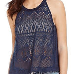 Miss Me  Navy Lace Overlay Chiffon‎ Split Back Button Sleeveless Top EUC Size S Photo 0