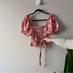 Madewell  Linen Blend Floral Wrap Top Red White Short Puff Sleeves V-Neck Smocked Photo 2