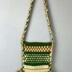 Vintage Hand Crafted Yarn Crochet Striped Boho Shoulder Bag Braided Strap Green Photo 0