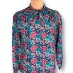 Vintage 80s Blouse Dark Floral Detail Bow High Tie Neck Blue Satin Long Sleeve Size 12 Photo 1