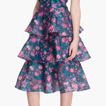 Marchesa Notte Floral Tiered Midi Dress NWT Jewel Tones Size 12 Green Photo 0