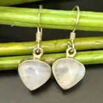 Vintage 925 Sterling Silver Small Heart Moonstone Drop Earrings 3.6g Photo 2