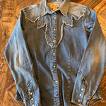 Wrangler  Retro Denim Fringe Western Cowgirl Pearl Snap Shirt Women Small Aztec Photo 0