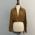 ZARA  Women Brown Long Sleeves Poplin Collared Pleated Casual Cotton Shirt Sz L Photo 5