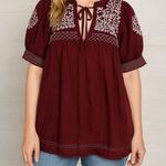 Free People Women's Red Embroidered Tie Front Puff Sleeve Blouse Top medium Photo 0