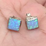Sterling Silver 925 Blue Opal Square Small Stud Earrings Photo 0