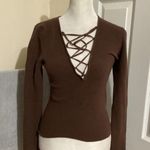 Wilfred Sweater Womens Small Brown Lace Up V Neck Ribbed Knit Long Sleeve Fitted Photo 0