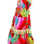 Farm Rio Palila Midi Dress XS Red Pink Tropical Fringe Patchwork Boho Resort Photo 0