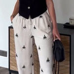 ZARA  Beige Cream Black Embroidered Wide Leg Flowy Boho Pants Photo 0