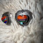 Native American‎ Zuni Sterling Earrings Signed QT Turquoise Heart Shaped Inlay Red Photo 5