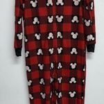 Disney  Mickey Mouse One Piece Pajamas Womens Medium Hooded Ears Red Black Fleece Photo 0