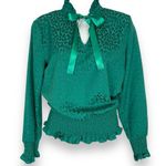 Blouse Green Leopard Print Tie Neck Ruched Elastic Waist Long Sleeves XXS Bright Photo 1