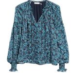 Ramy Brook Luanne Silk Pleated Smocked Teal Combo Long Sleeve Blouse Photo 2