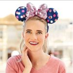 Disney  Parks Minnie Mouse Navy Blue Polka Dot Ears Pink Sequin Bow Headband USA Photo 3