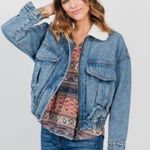 One World  Jean Bomber Jacket NWT Sz. Medium Trucker Distressed Pockets Photo 1