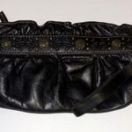 BLACK LEATHER WRISTLET BRASS FLOWER WITH TOOLED DESIGN RUFFLE LEATHER ON TOP Photo 0