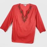 JM Collection  Red Orange Beaded V Neck Blouse Top Photo 0