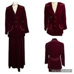 Vintage 11 12 Velvet Blazer Skirt Suit Burgundy 60s 70s Lace Blouse 3 Piece Maxi Red Photo 1