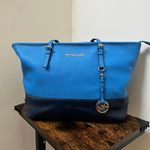 Michael Kors FLAWS Saffiano Leather Blue Two Tone Jet Set Travel Tote Bag Photo 12
