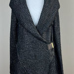 Cache  Cardigan Sweater Medium Black Silver Metallic Knit Belted Shawl Collar New Photo 0