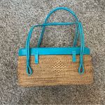 Elliott Lucca Turquoise green leather trim straw rattan woven stiff basket bag Photo 2
