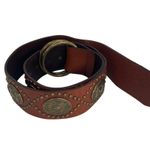 Brown Leather Belt Bronze Conchos & Brass Double Ring Buckle small s Long Adjust Photo 0