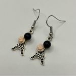 Silver Eiffel Tower Earrings with Pink Roses and Black Accents Photo 1
