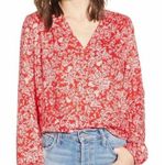 Hinge Women's Red/White Floral Garden Hi-Low Hem V-Neck Smocked Blouse sz XS Photo 0