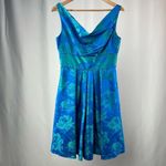 THEIA Floral Jacquard Sleeveless Pleated Dress in Blue Green Size 8‎ Photo 5